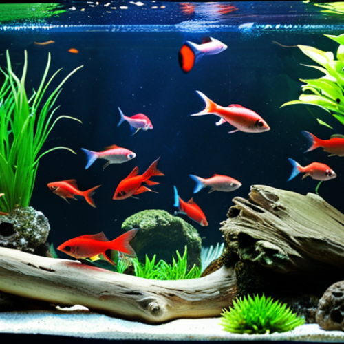Home 4 **
A vibrant aquarium scene showcasing a school of Cardinal Tetras swimming among lush aquatic plants and driftwood. The water is clear and slightly acidic. Focus on the bright red and blue coloration of the fish. Gentle lighting creates a peaceful and healing atmosphere.
**
