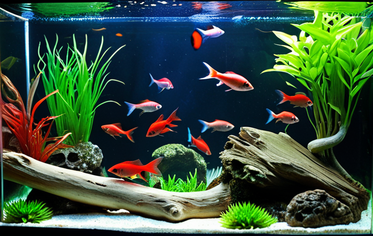 **
A vibrant aquarium scene showcasing a school of Cardinal Tetras swimming among lush aquatic plants and driftwood. The water is clear and slightly acidic. Focus on the bright red and blue coloration of the fish. Gentle lighting creates a peaceful and healing atmosphere.
**
